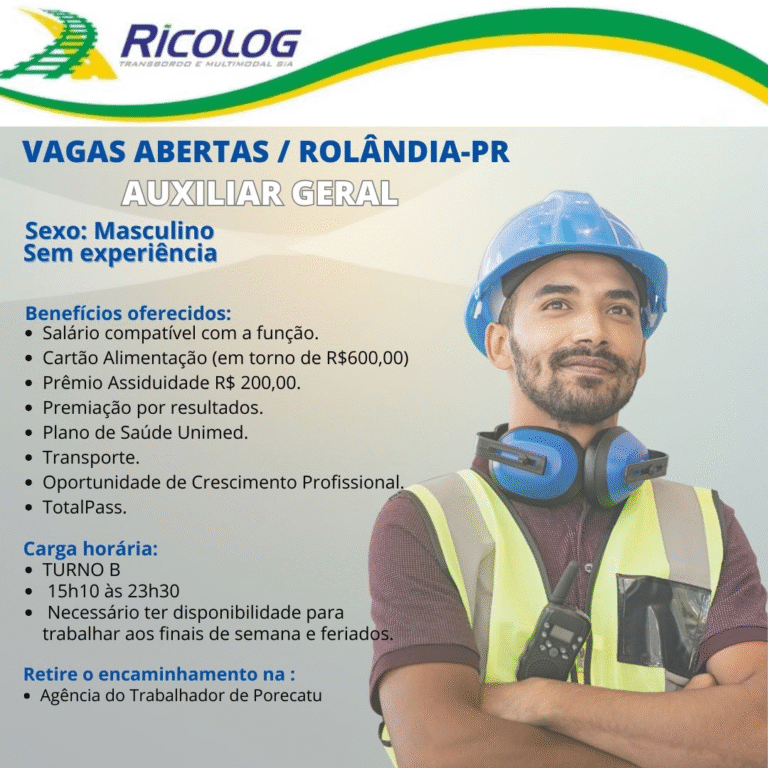 Vaga para Auxiliar Geral na Empresa RICOLOG em Rolândia/PR