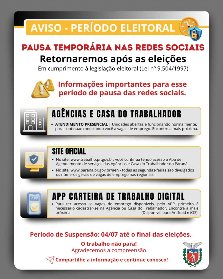 Redes sociais da Agência do Trabalhador de Porecatu estarão temporiamente paralisadas a partir de segunda (06/07)