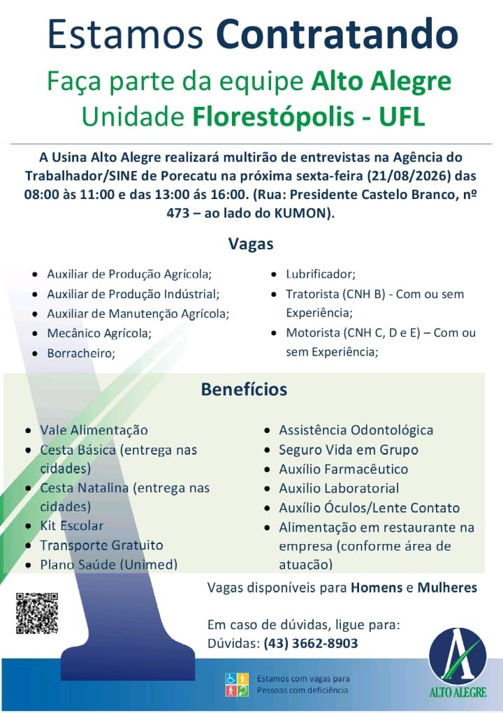 Agência do Trabalhador de Porecatu promove mutirão de entrevistas para a Usina Alto Alegre nesta sexta-feira (21)