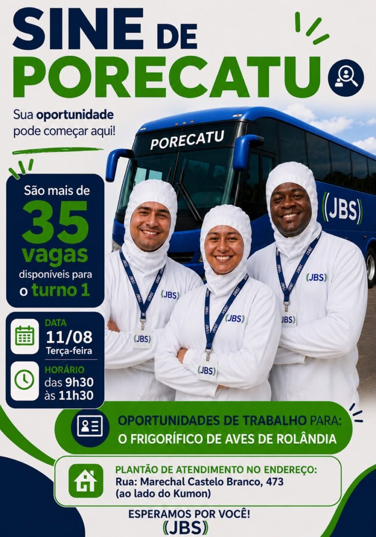 Oportunidade de Trabalho: SINE de Porecatu oferta mais de 35 vagas para o frigorífico da JBS em Rolândia