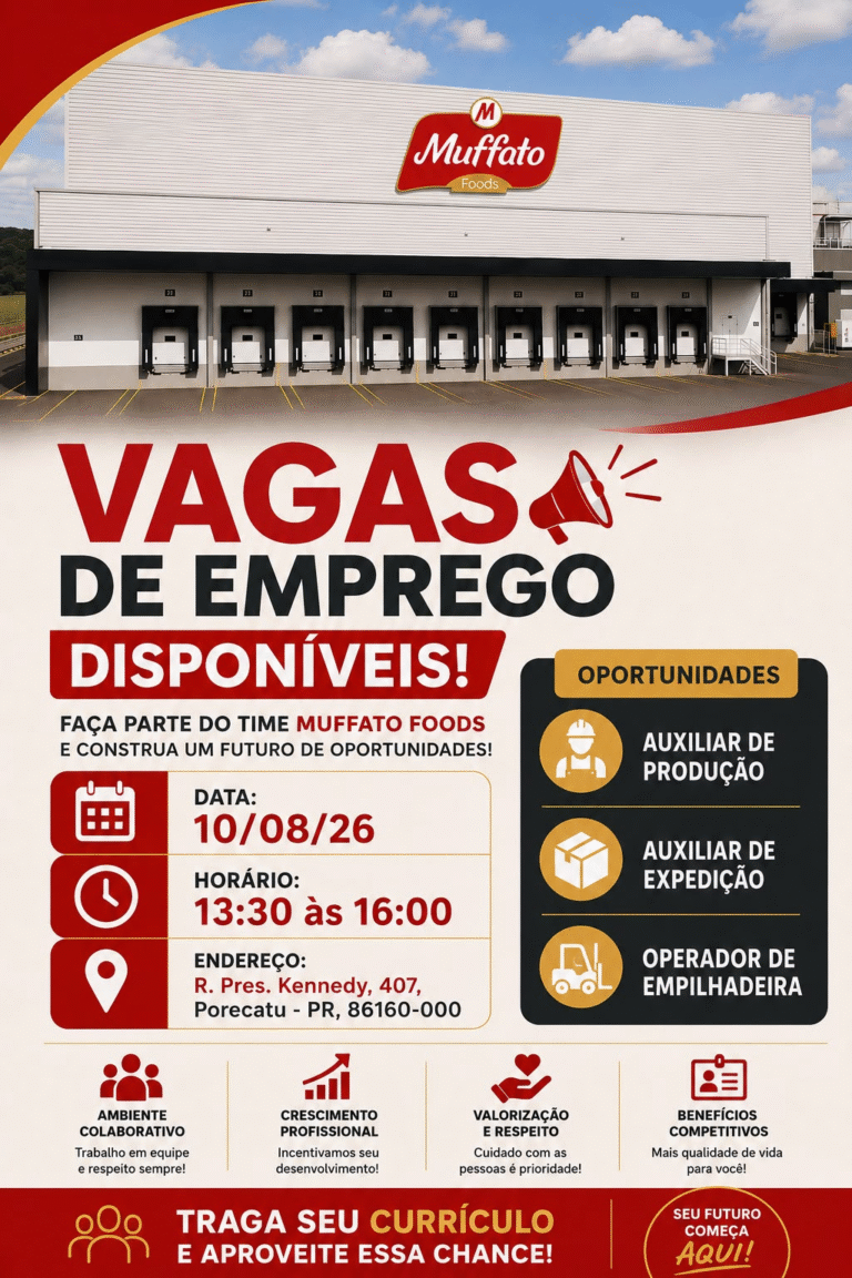 Agência do Trabalhador de Porecatu abre processo seletivo para vagas na Muffato Foods